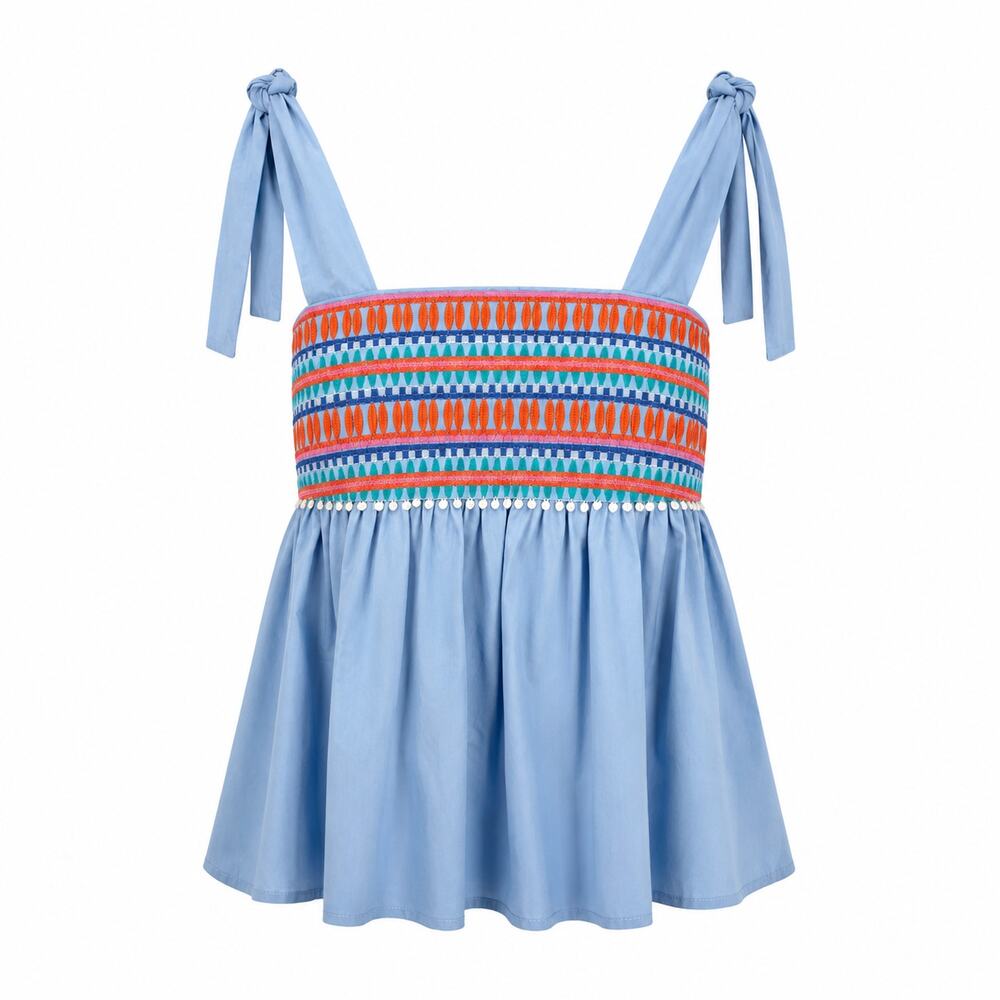 THML Womens XS Blue Embroidered Smocked Babydoll Top Tie Strap Boho Cotton